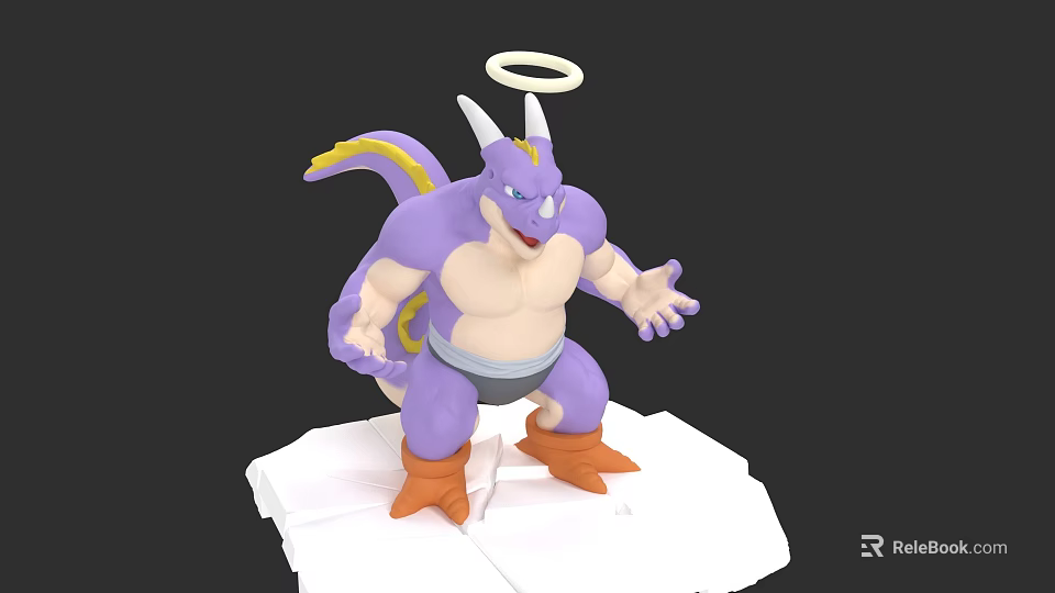 Purple Horned Muscular Game Character With Halo Yellow Tail Gray Shorts And Orange Boots 3d model 