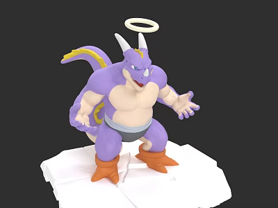 Purple Horned Muscular Game Character With Halo Yellow Tail Gray Shorts And Orange Boots 3d model
