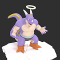 Purple Horned Muscular Game Character With Halo Yellow Tail Gray Shorts And Orange Boots