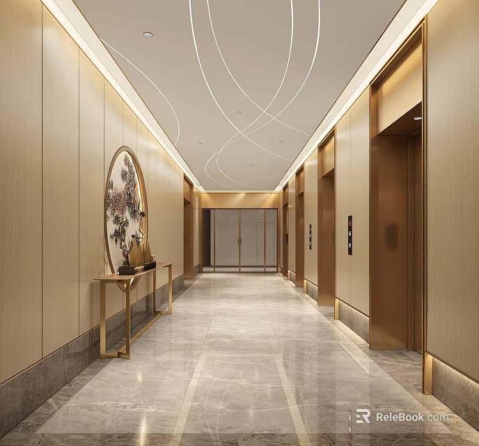 Luxurious Elevator Lobby With Marble Flooring And Art Decor 3d model