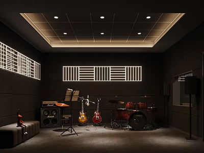 Music Focused Entertainment Room With Guitars Drum Set Soundproof Panels Music Stand And Speakers 3d model