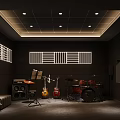 Music Focused Entertainment Room With Guitars Drum Set Soundproof Panels Music Stand And Speakers