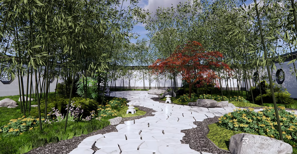 Tranquil Residential Landscape With Bamboo Grove Red Maple Tree Stone Path And White Wall 3d model 