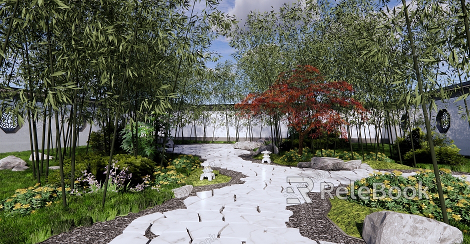 New Chinese Courtyard Residential Quarter Landscape Bamboo Forest Interpassage Bamboo Lantern House Space Under Forest Garden Road Ice Crack Slab Road model