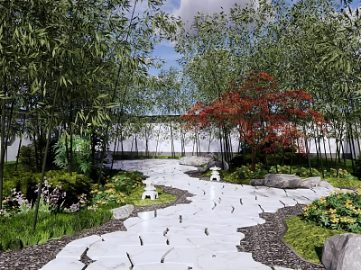 Tranquil Residential Landscape With Bamboo Grove Red Maple Tree Stone Path And White Wall 3d model