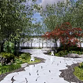 Tranquil Residential Landscape With Bamboo Grove Red Maple Tree Stone Path And White Wall