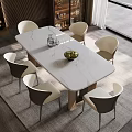 Modern Dining Table Set With Marble Top White Curved Back Chairs And Metal Legs