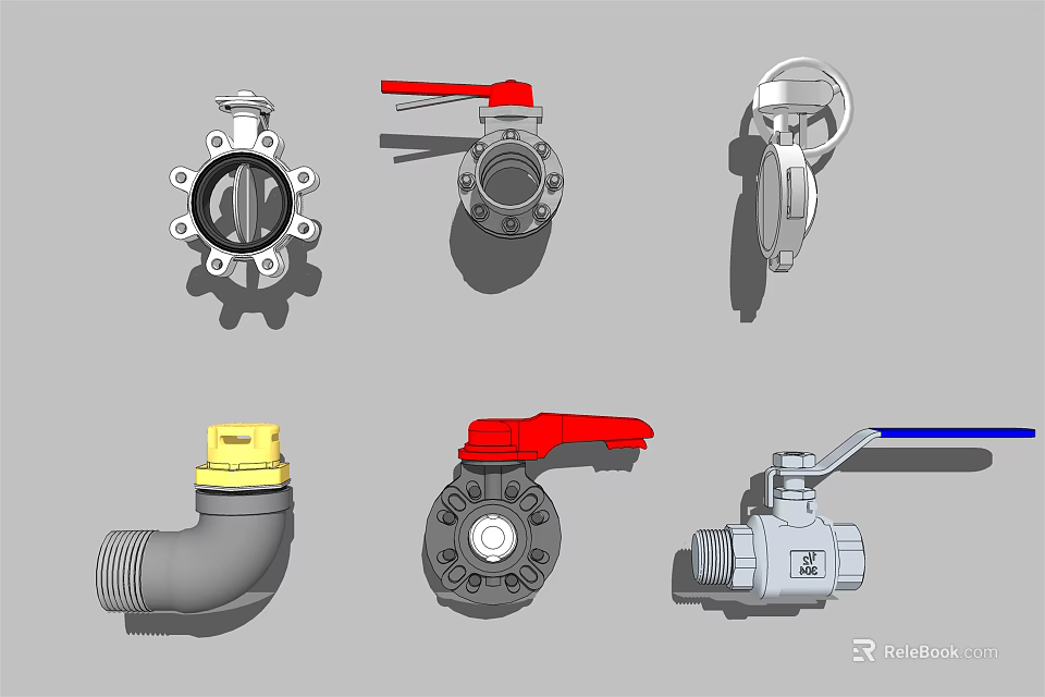 Various Industrial Valves With Diverse Designs Colored Handles And Metal Components 3d model 