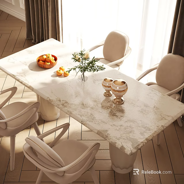 Elegant Dining Table Set With Marble Top Beige Chairs Fruit Bowl Vase And Gold Goblets 3d model 
