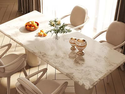 Elegant Dining Table Set With Marble Top Beige Chairs Fruit Bowl Vase And Gold Goblets 3d model