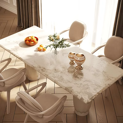 Elegant Dining Table Set With Marble Top Beige Chairs Fruit Bowl Vase And Gold Goblets 3d model