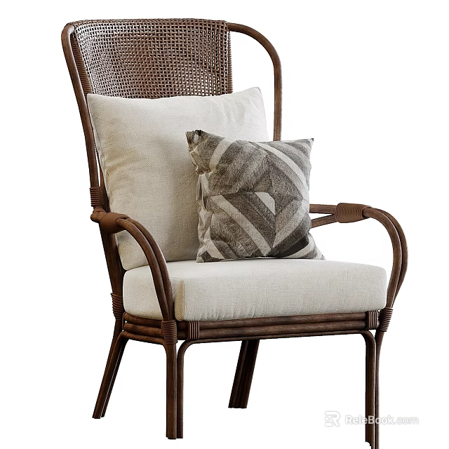 Stylish Rattan Leisure Chair With Armrests Light Colored Cushion And Geometric Pattern Pillow 3d model 
