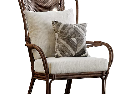 Stylish Rattan Leisure Chair With Armrests Light Colored Cushion And Geometric Pattern Pillow 3d model