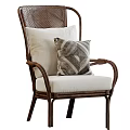 Stylish Rattan Leisure Chair With Armrests Light Colored Cushion And Geometric Pattern Pillow
