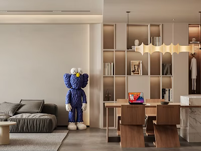 Stylish Dining Living Room With Blue Kaws Figure Sofa Bookshelves And Pendant Light 3d model