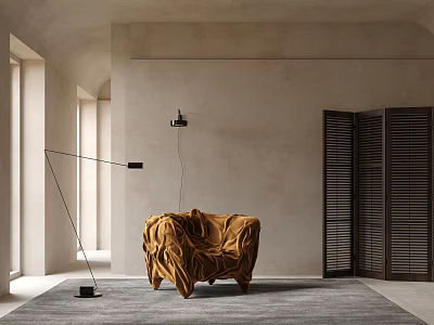 Stylish Accent Chair Brown With Floor Lamp Beige Wall Slatted Door Gray Rug Natural Light 3d model