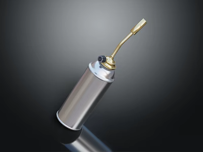 Silver Spray Can With Gold Nozzle On Reflective Dark Background 3d model
