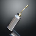 Silver Spray Can With Gold Nozzle On Reflective Dark Background