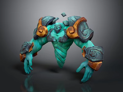 Game Character With Teal Green Body Muscular Build Orange Accented Armor And Intricate Shoulder Designs 3d model