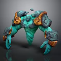 Game Character With Teal Green Body Muscular Build Orange Accented Armor And Intricate Shoulder Designs