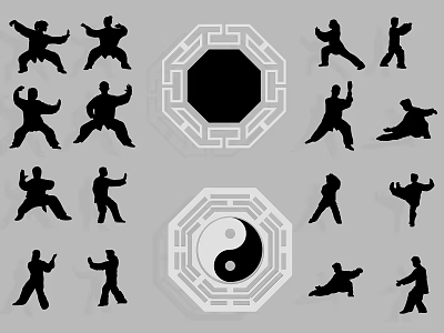 Martial Arts Themed Wall Decor With Silhouette Figures And Bagua Yin Yang Symbols 3d model