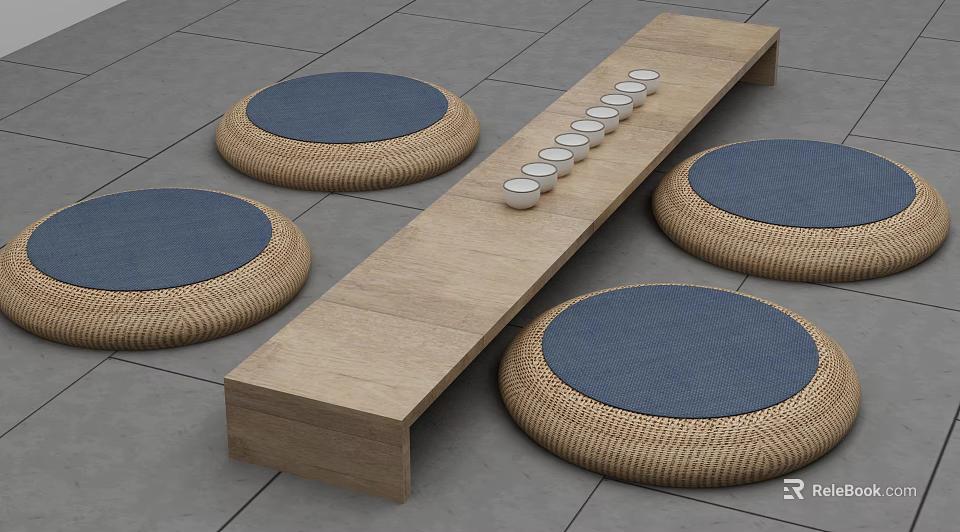 Natural Wooden Tea Table With Round Rattan Cushions Blue Mats And Tea Cups 3d model 