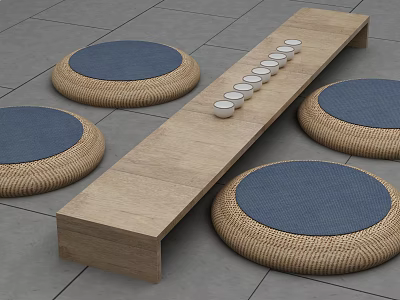 Natural Wooden Tea Table With Round Rattan Cushions Blue Mats And Tea Cups 3d model