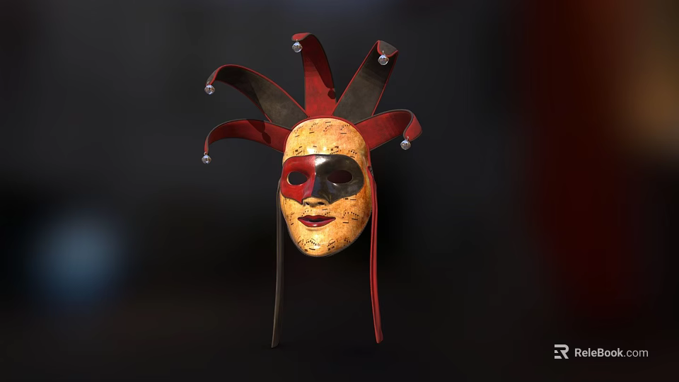 Traditional Red And Gold Jester Mask With Decorative Bells On Points 3d model 