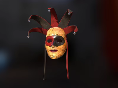 Traditional Red And Gold Jester Mask With Decorative Bells On Points 3d model