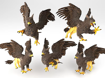 3D Eagle Figurines In Various Poses With Brown Feathers And Yellow Claws 3d model