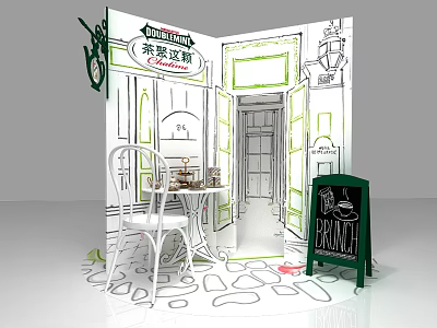 Hand Drawn Cafe Scene With Brunch Blackboard Tea Fermentation And Furniture 3d model