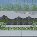 Outdoor Landscape Wall Design With Illuminated Mountain Patterns And Green Plants