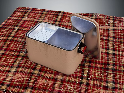 Portable Freezer With Open Lid And Perforated Inner Tray On Plaid Tablecloth 3d model
