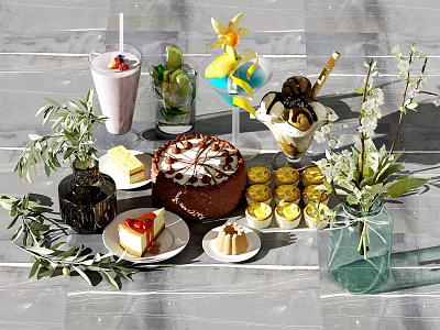 Assorted Delicious Desserts With Cake Ice Cream Pudding And Fruit Garnish Drinks 3d model
