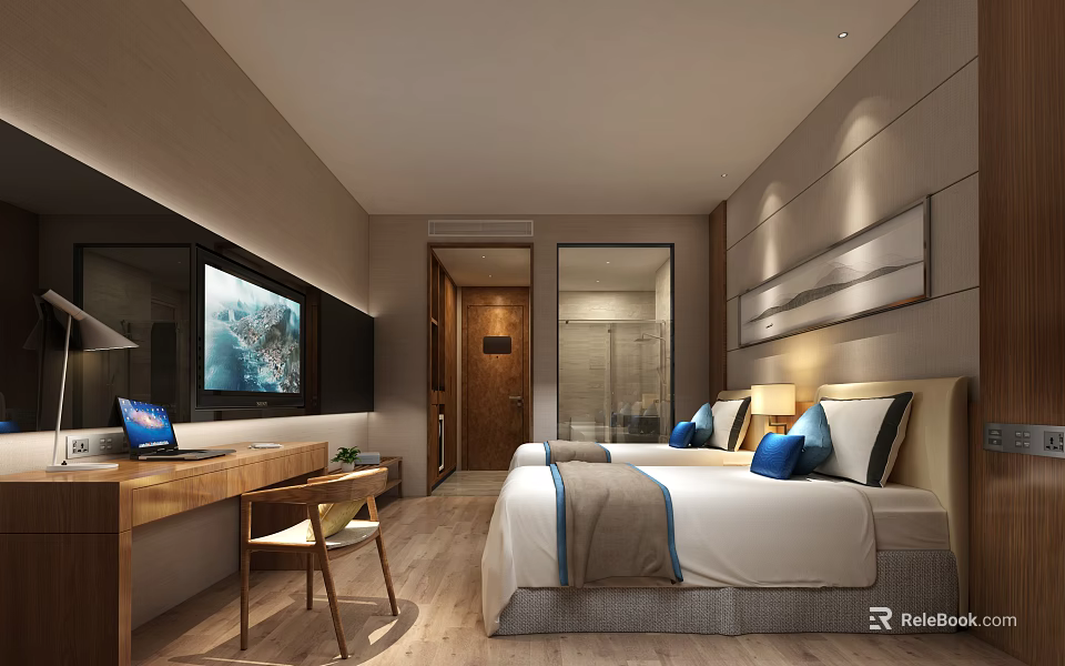 Modern Hotel Room Interior With Twin Beds Blue Pillows Work Desk And TV 3d model 