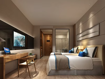 Modern Hotel Room Interior With Twin Beds Blue Pillows Work Desk And TV 3d model