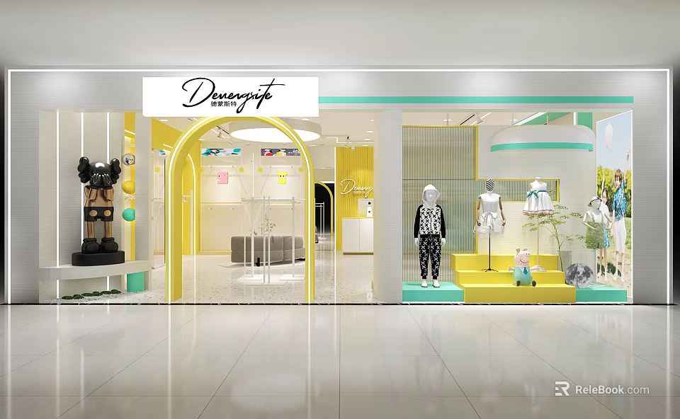 Divinefit Clothing Store With Bright Yellow White Decor And Mannequins Displaying Outfits 3d model 