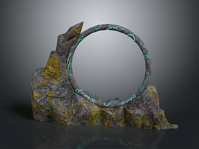 Wood Stone Artistic Sculpture With Irregular Rock Base Circular Ring And Green Patterns 3d model
