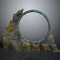 Wood Stone Artistic Sculpture With Irregular Rock Base Circular Ring And Green Patterns