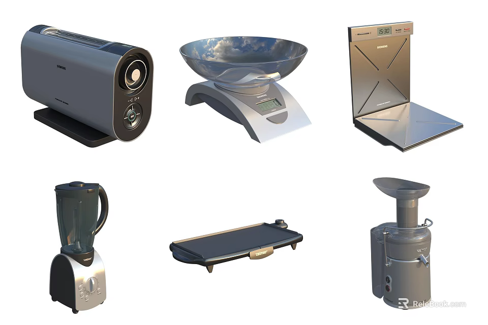 Various Essential Kitchen Appliances Including Toaster Scale Microwave Blender Griddle And Juicer For Home Cooking 3d model 