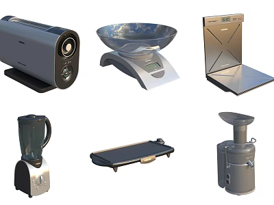 Various Essential Kitchen Appliances Including Toaster Scale Microwave Blender Griddle And Juicer For Home Cooking 3d model