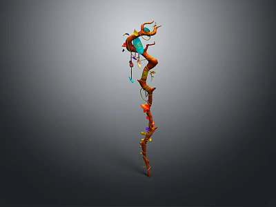 Fantasy Staff Weapon With Colorful Decorations And Orange Blue Accents 3d model