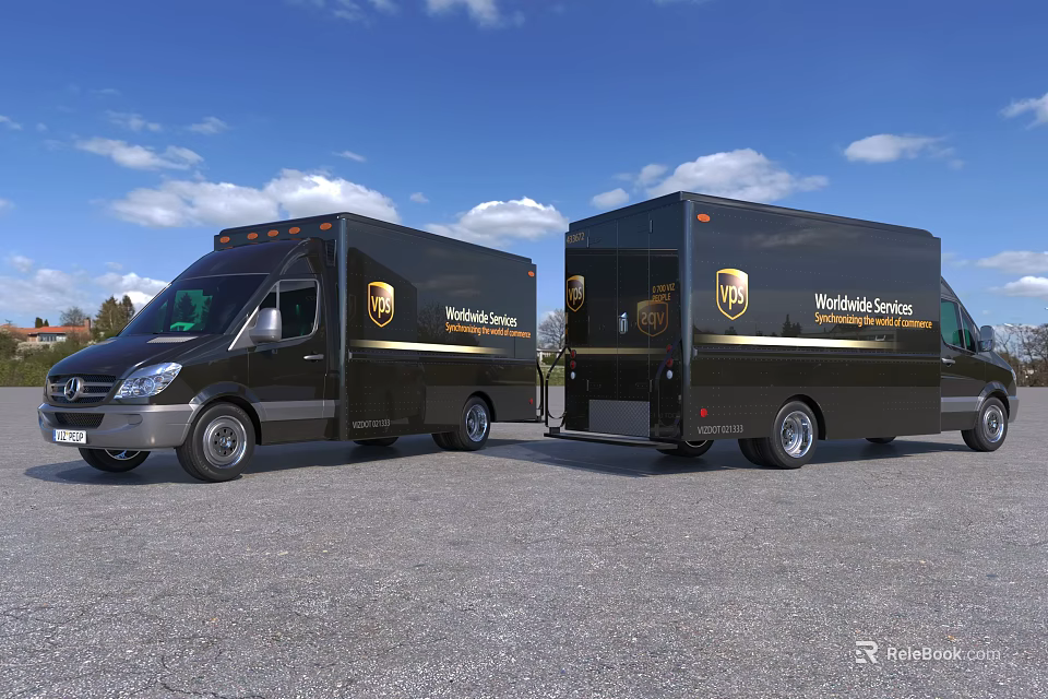 Black Worldwide Service Vans Featuring Golden Logos On Asphalt Parking 3d model 
