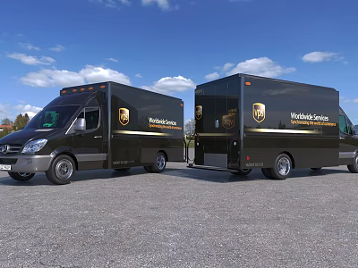 Black Worldwide Service Vans Featuring Golden Logos On Asphalt Parking 3d model