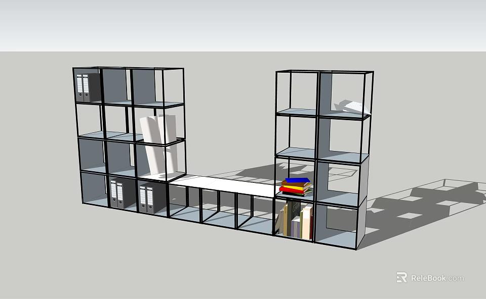 Modern Glass Shelf Bookcase With Metal Frame And Storage Compartments For Books And Decor 3d model 