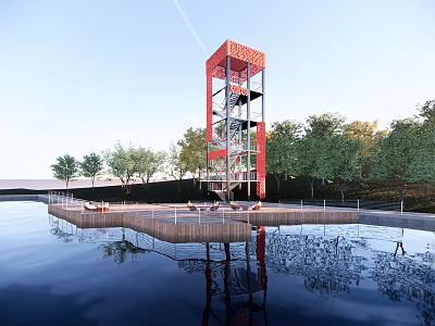Scenic Park Landscape With Red Tower Water Reflection Wooden Platform And Seats Green Trees 3d model