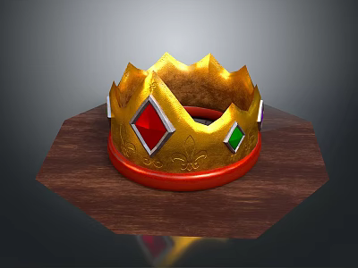 Golden Decorative Crown With Red And Green Diamond Shaped Gems On Wooden Hexagonal Base 3d model