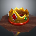 Golden Decorative Crown With Red And Green Diamond Shaped Gems On Wooden Hexagonal Base