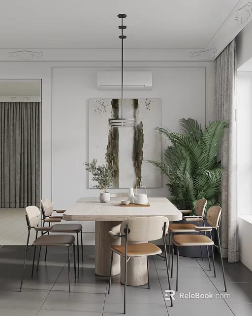 Modern Dining Table Set With Beige Chairs Hanging Lamp Wall Art And Green Plants 3d model 