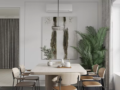 Modern Dining Table Set With Beige Chairs Hanging Lamp Wall Art And Green Plants 3d model